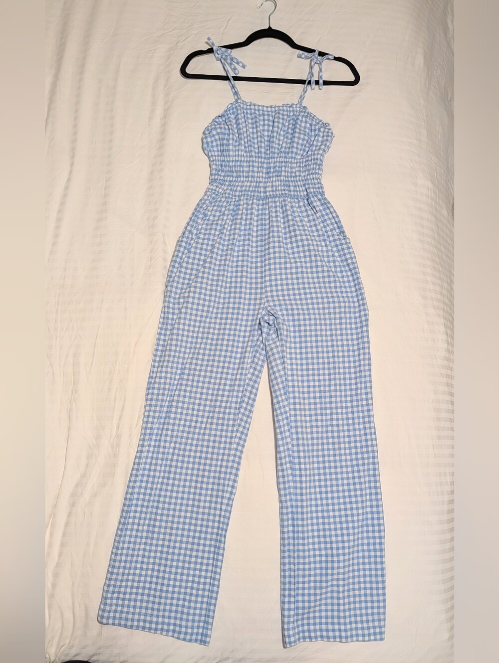 Sleeveless Blue Gingham Jumpsuit with Smocked Waist - Picture 1 of 6